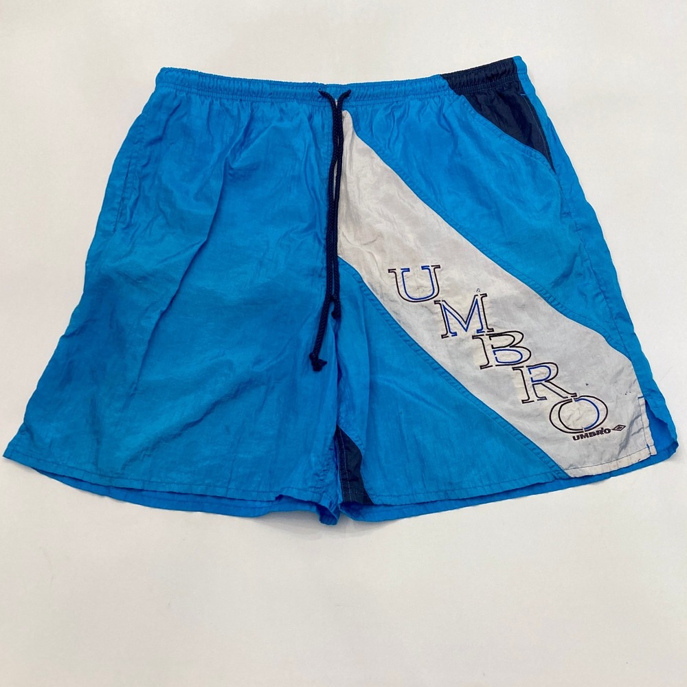 Umbro‎ Shorts Vtg 90s Nylon Blue White Logo Mesh Lined Mens 34 Drawstring